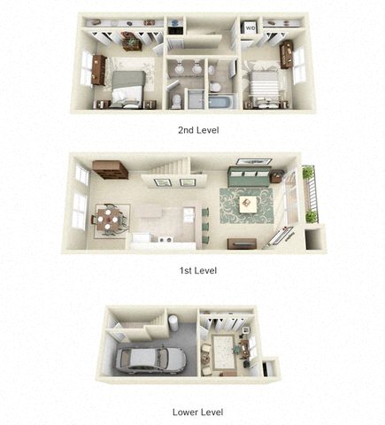 Jacquard Tapestry Two One Bedroom Two Bath Floor Plan 3D Image